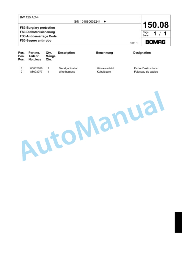 Bomag BW 125 AC-4 Combination Roller Spare Parts Catalogue 00818271 5 Bomag BW 125 AC-4 Combination Roller Spare Parts Catalogue 00818271-5