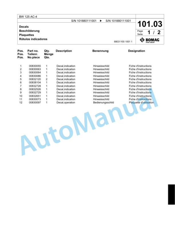 Bomag BW 125 AC-4 Combination Roller Spare Parts Catalogue 00818475 3 Bomag BW 125 AC-4 Combination Roller Spare Parts Catalogue 00818475-3