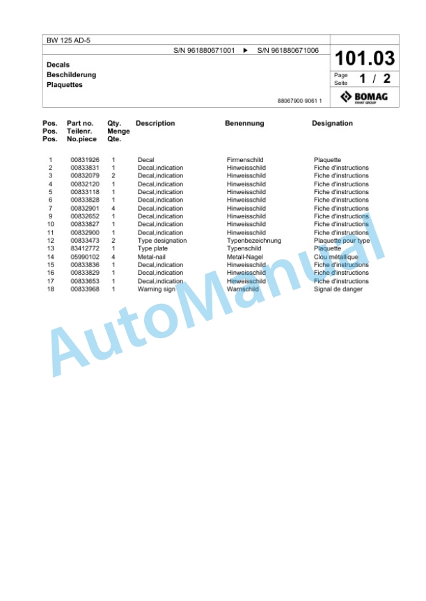 Bomag BW 125 AD-5 Tandem Vibratory Roller Spare Parts Catalogue 00826365 5 Bomag BW 125 AD-5 Tandem Vibratory Roller Spare Parts Catalogue 00826365-5