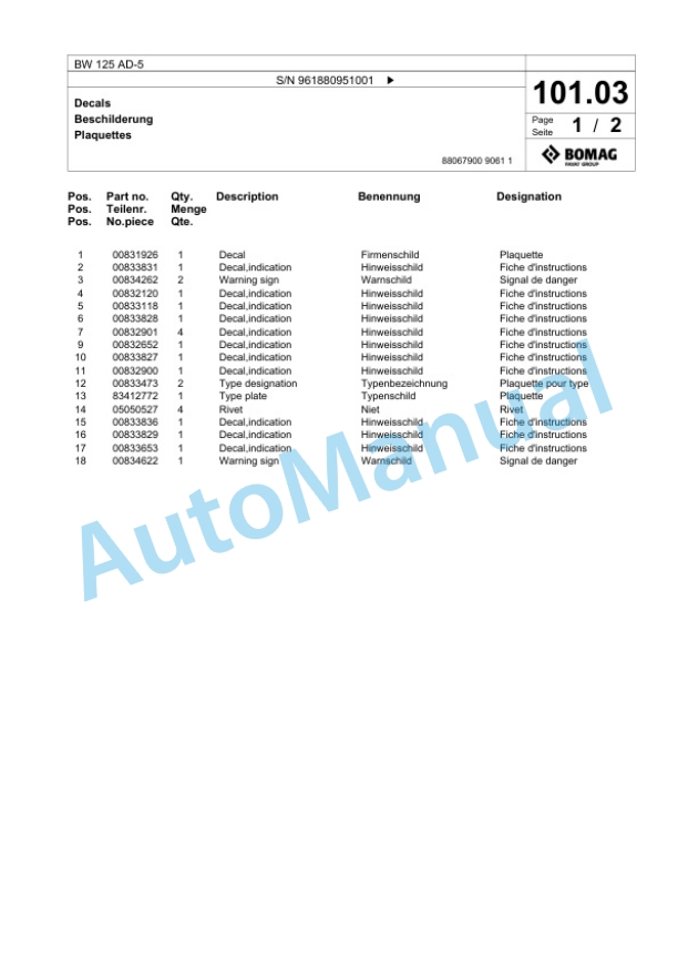 Bomag BW 125 AD-5 Tandem Vibratory Roller Spare Parts Catalogue 00827059 5 Bomag BW 125 AD-5 Tandem Vibratory Roller Spare Parts Catalogue 00827059-5