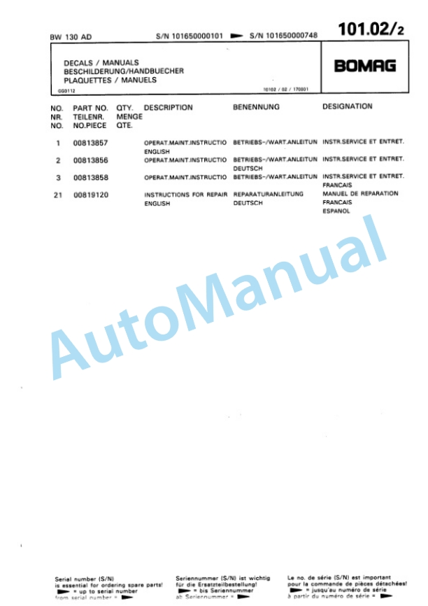 Bomag BW 130 AD Tandem Vibratory Roller Spare Parts Catalogue 00810020 5 Bomag BW 130 AD Tandem Vibratory Roller Spare Parts Catalogue 00810020-5