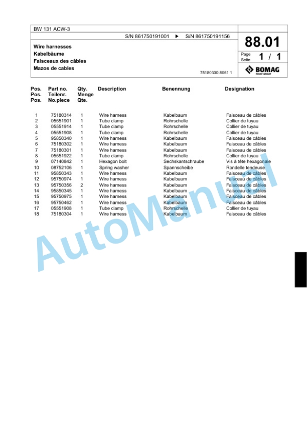 Bomag BW 131 ACW-3 Combination Roller Spare Parts Catalogue 00818697 5 Bomag BW 131 ACW-3 Combination Roller Spare Parts Catalogue 00818697-5