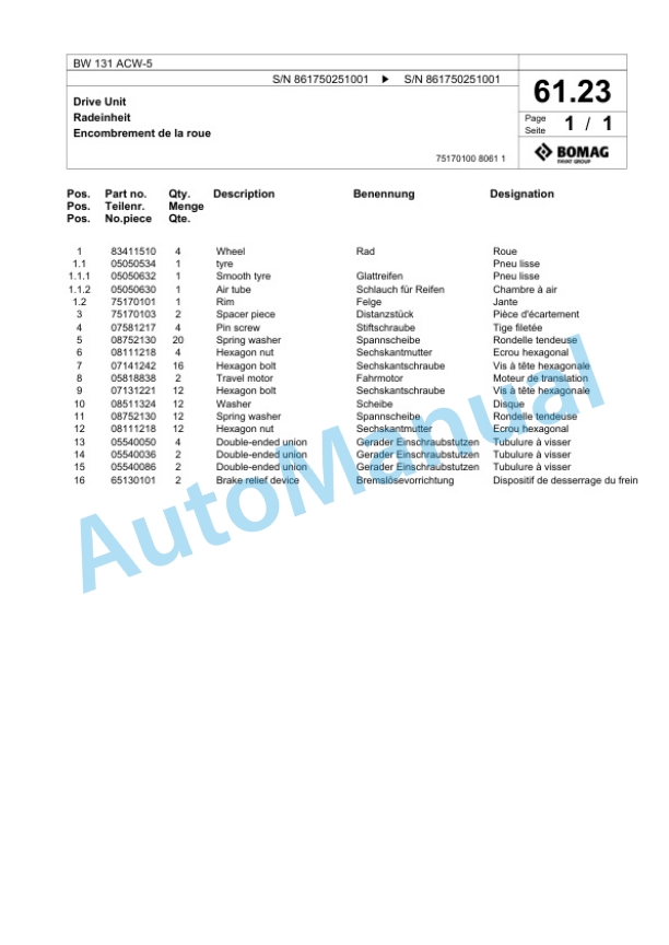 Bomag BW 131 ACW-5 Combination Roller Spare Parts Catalogue 00824937 3 Bomag BW 131 ACW-5 Combination Roller Spare Parts Catalogue 00824937-3