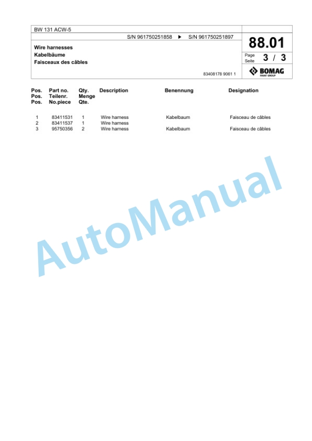 Bomag BW 131 ACW-5 Combination Roller Spare Parts Catalogue 00826897 4 Bomag BW 131 ACW-5 Combination Roller Spare Parts Catalogue 00826897-4