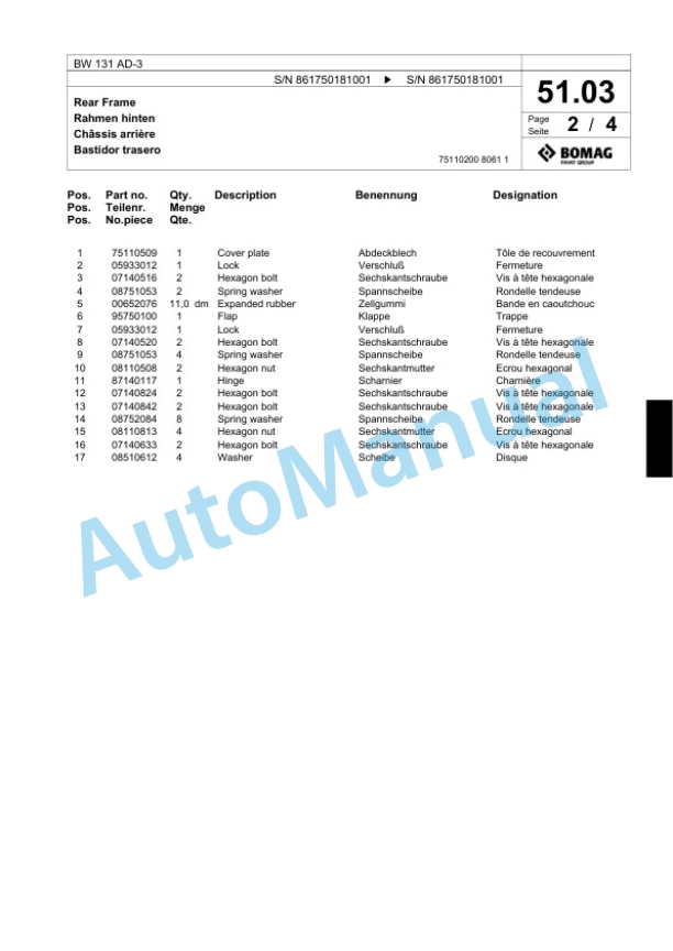 Bomag BW 131 AD-3 Combination Roller Spare Parts Catalogue 00818699 2 Bomag BW 131 AD-3 Combination Roller Spare Parts Catalogue 00818699-2