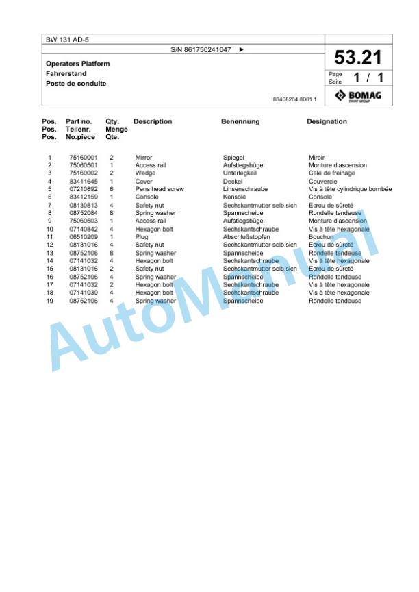 Bomag BW 131 AD-5 Tandem Vibratory Roller Spare Parts Catalogue 00824935 2 Bomag BW 131 AD-5 Tandem Vibratory Roller Spare Parts Catalogue 00824935-2