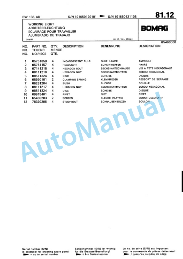 Bomag BW 135 AD Tandem Vibratory Roller Spare Parts Catalogue 00810120 3 Bomag BW 135 AD Tandem Vibratory Roller Spare Parts Catalogue 00810120-3
