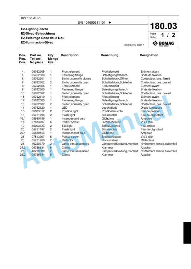 Bomag BW 138 AC-5 Combination Roller Spare Parts Catalogue 00818719 5 Bomag BW 138 AC-5 Combination Roller Spare Parts Catalogue 00818719-5