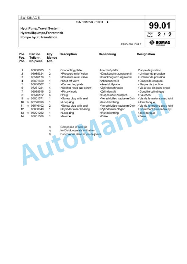 Bomag BW 138 AC-5 Combination Roller Spare Parts Catalogue 00824923 2 Bomag BW 138 AC-5 Combination Roller Spare Parts Catalogue 00824923-2