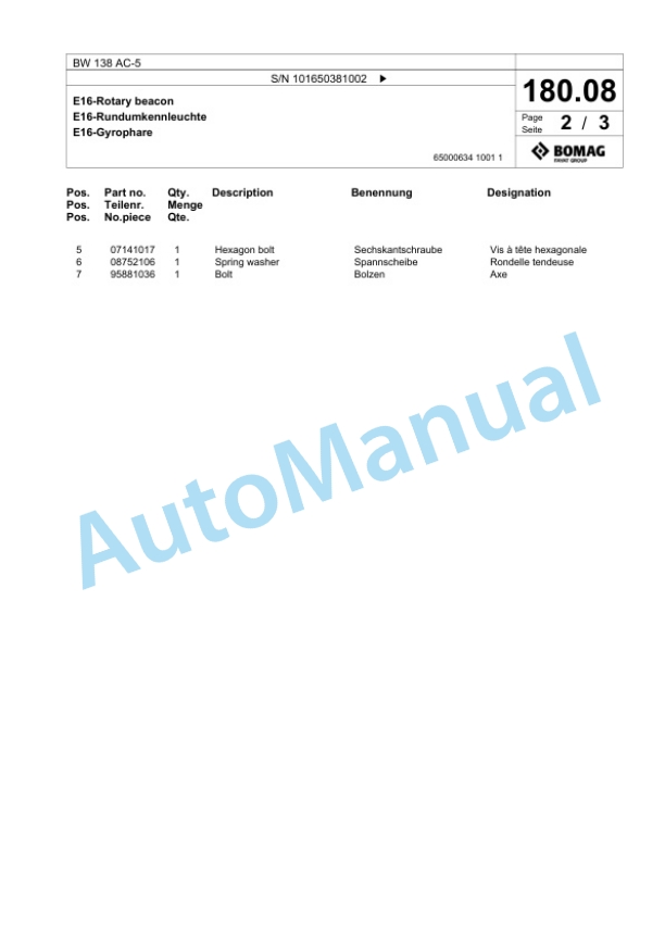 Bomag BW 138 AC-5 Combination Roller Spare Parts Catalogue 00824929 5 Bomag BW 138 AC-5 Combination Roller Spare Parts Catalogue 00824929-5
