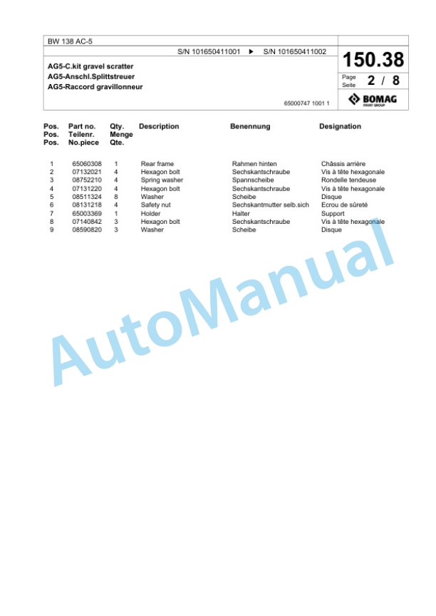Bomag BW 138 AC-5 Combination Roller Spare Parts Catalogue 00825353 3 Bomag BW 138 AC-5 Combination Roller Spare Parts Catalogue 00825353-3