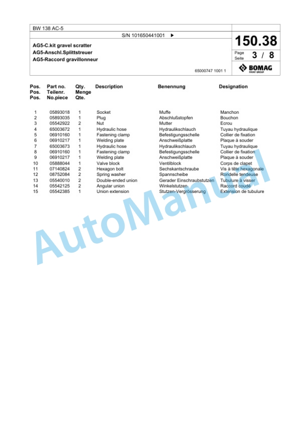 Bomag BW 138 AC-5 Combination Roller Spare Parts Catalogue 00825367 3 Bomag BW 138 AC-5 Combination Roller Spare Parts Catalogue 00825367-3