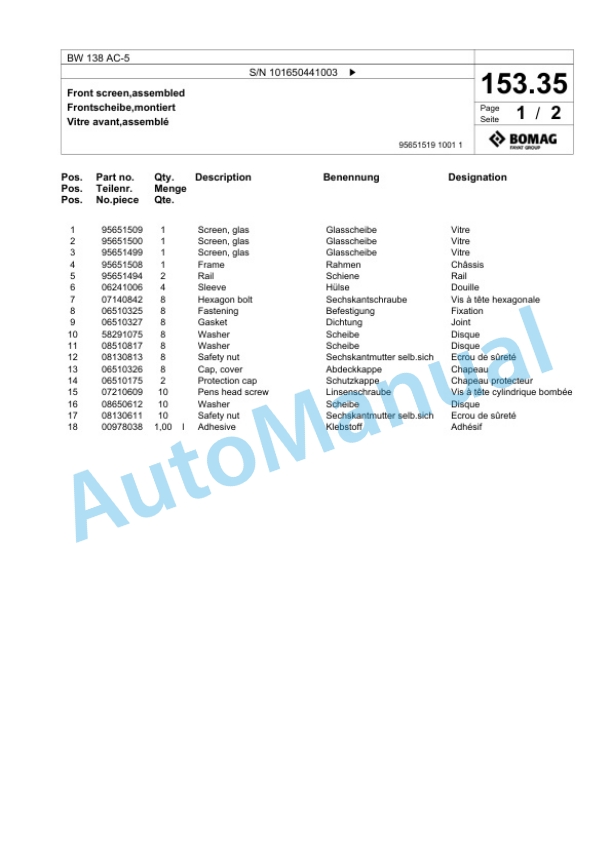 Bomag BW 138 AC-5 Combination Roller Spare Parts Catalogue 00825367 4 Bomag BW 138 AC-5 Combination Roller Spare Parts Catalogue 00825367-4