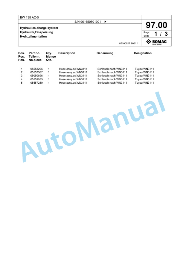 Bomag BW 138 AC-5 Combination Roller Spare Parts Catalogue 00826581 2 Bomag BW 138 AC-5 Combination Roller Spare Parts Catalogue 00826581-2