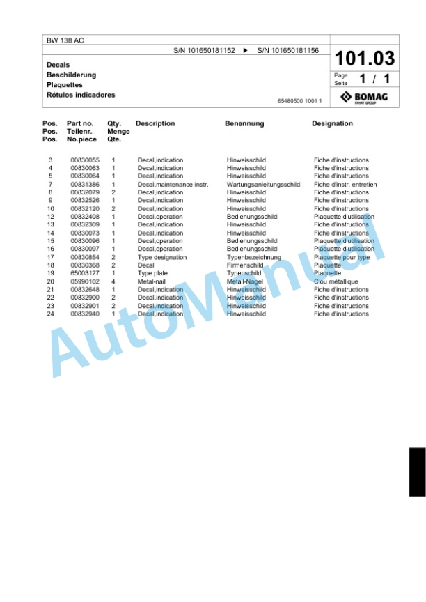 Bomag BW 138 AC Tandem Vibratory Roller Spare Parts Catalogue 00818361 4 Bomag BW 138 AC Tandem Vibratory Roller Spare Parts Catalogue 00818361-4
