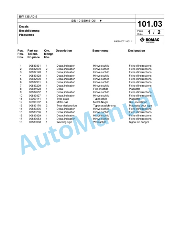 Bomag BW 138 AD-5 Tandem Vibratory Roller Spare Parts Catalogue 00825369 2 Bomag BW 138 AD-5 Tandem Vibratory Roller Spare Parts Catalogue 00825369-2
