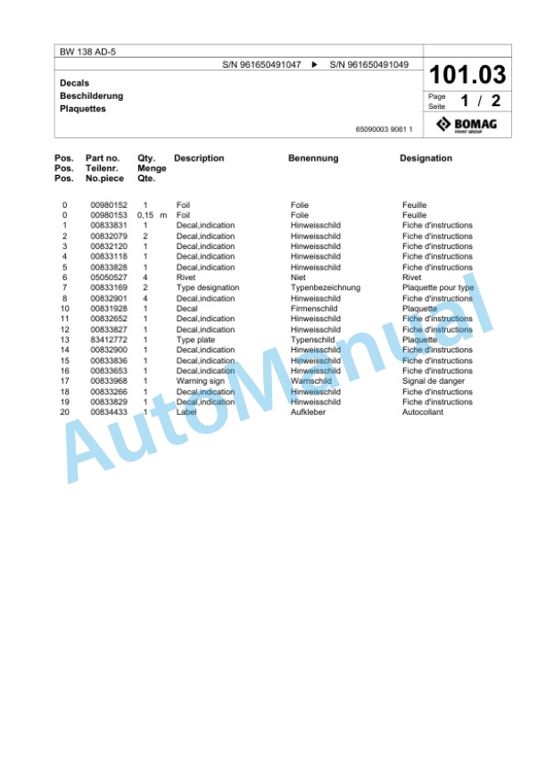 Bomag BW 138 AD-5 Tandem Vibratory Roller Spare Parts Catalogue 00826579 2 Bomag BW 138 AD-5 Tandem Vibratory Roller Spare Parts Catalogue 00826579-2