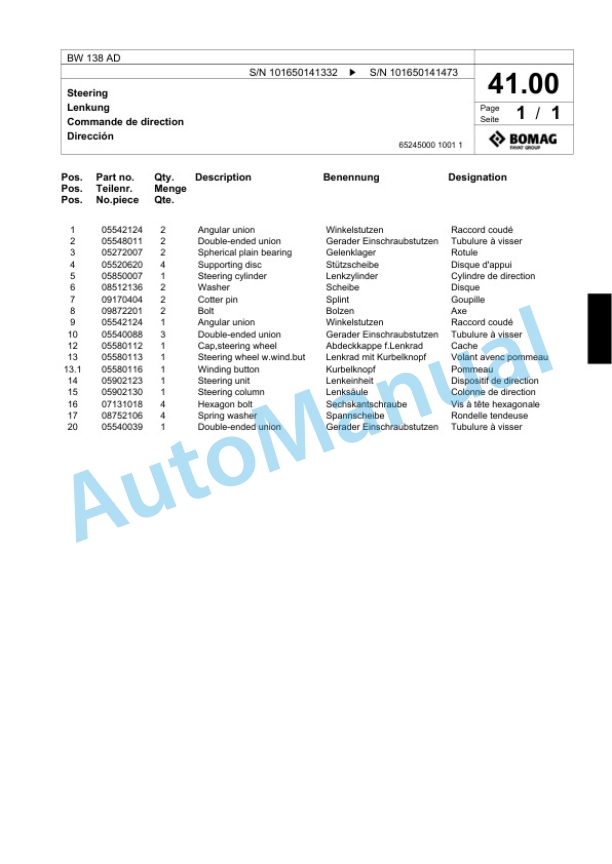 Bomag BW 138 AD Combination Roller Spare Parts Catalogue 00817473 2 Bomag BW 138 AD Combination Roller Spare Parts Catalogue 00817473-2