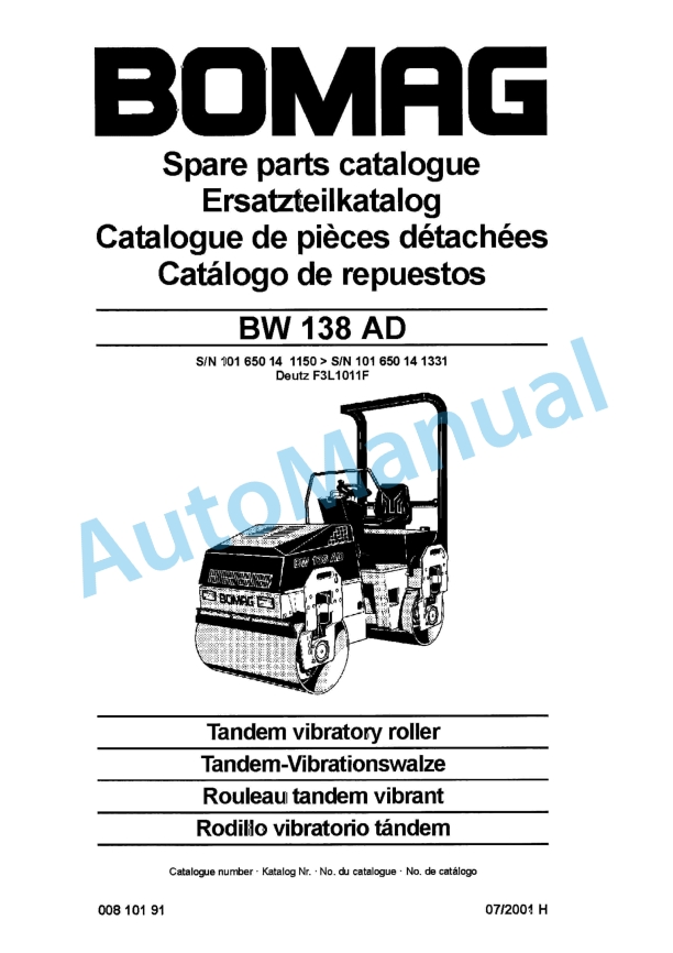 Bomag BW 138 AD Tandem Vibratory Roller Spare Parts Catalogue 00810191 1 Bomag BW 138 AD Tandem Vibratory Roller Spare Parts Catalogue 00810191