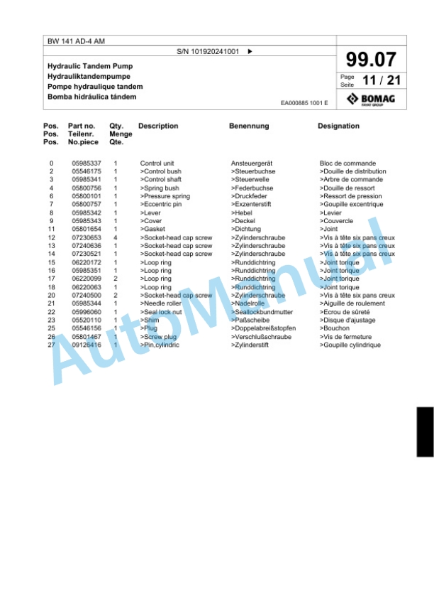 Bomag BW 141 AD-4 AM Tandem Vibratory Roller Spare Parts Catalogue 00818553 3 Bomag BW 141 AD-4 AM Tandem Vibratory Roller Spare Parts Catalogue 00818553-3