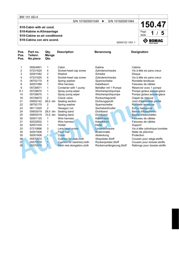 Bomag BW 141 AD-4 Tandem Vibratory Roller Spare Parts Catalogue 00817697 5 Bomag BW 141 AD-4 Tandem Vibratory Roller Spare Parts Catalogue 00817697-5
