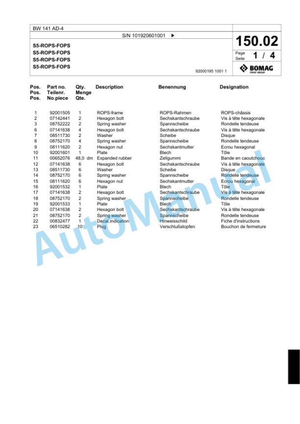 Bomag BW 141 AD-4 Tandem Vibratory Roller Spare Parts Catalogue 00818955 4 Bomag BW 141 AD-4 Tandem Vibratory Roller Spare Parts Catalogue 00818955-4