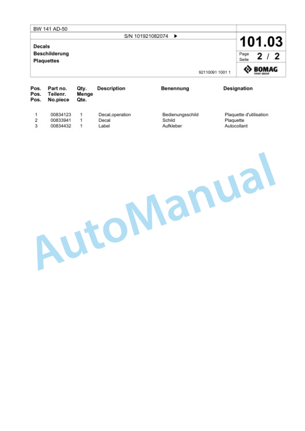 Bomag BW 141 AD-50 Tandem Vibratory Roller Spare Parts Catalogue 00824059 3 Bomag BW 141 AD-50 Tandem Vibratory Roller Spare Parts Catalogue 00824059-3