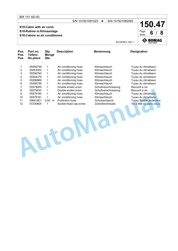 Bomag BW 141 AD-50 Tandem Vibratory Roller Spare Parts Catalogue 00824059 4 Bomag BW 141 AD-50 Tandem Vibratory Roller Spare Parts Catalogue 00824059-4