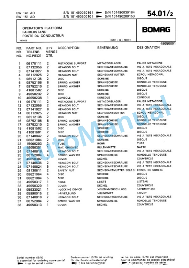 Bomag BW 141 AD, BW 151 AD Tandem Vibratory Roller Spare Parts Catalogue 00810021 2 Bomag BW 141 AD, BW 151 AD Tandem Vibratory Roller Spare Parts Catalogue 00810021-2