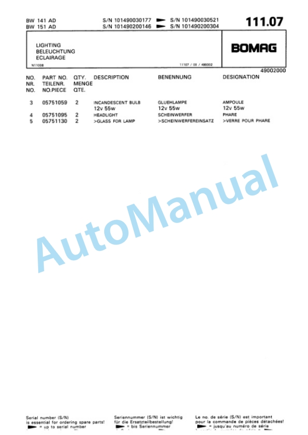 Bomag BW 141 AD, BW 151 AD Tandem Vibratory Roller Spare Parts Catalogue 00810021 3 Bomag BW 141 AD, BW 151 AD Tandem Vibratory Roller Spare Parts Catalogue 00810021-3