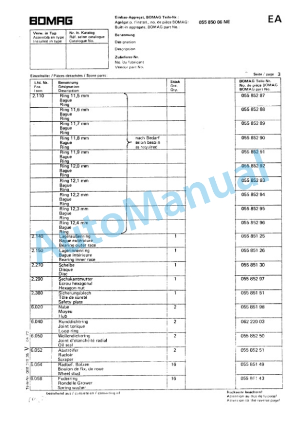 Bomag BW 142, BW 172 Single Drum Vibratory Roller Spare Parts Catalogue 00814431 3 Bomag BW 142, BW 172 Single Drum Vibratory Roller Spare Parts Catalogue 00814431-3
