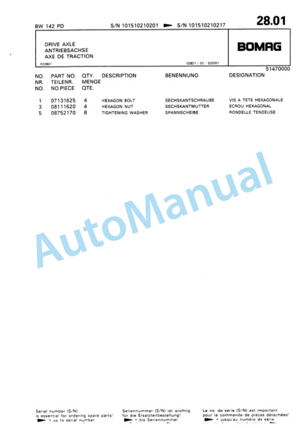 Bomag BW 142 PD Single Drum Wheel Drive Vibratory Roller Spare Parts Catalogue 00810131 3 Bomag BW 142 PD Single Drum Wheel Drive Vibratory Roller Spare Parts Catalogue 00810131-3