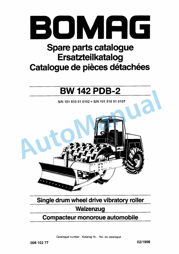 Bomag BW 142 PDB-2 Single Drum Wheel Drive Vibratory Roller Spare Parts Catalogue 00810277 1 Bomag BW 142 PDB-2 Single Drum Wheel Drive Vibratory Roller Spare Parts Catalogue 00810277