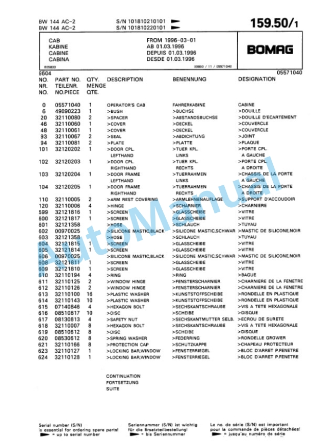 Bomag BW 144 AC-2 Combination Roller Spare Parts Catalogue 00810092 3 Bomag BW 144 AC-2 Combination Roller Spare Parts Catalogue 00810092-3