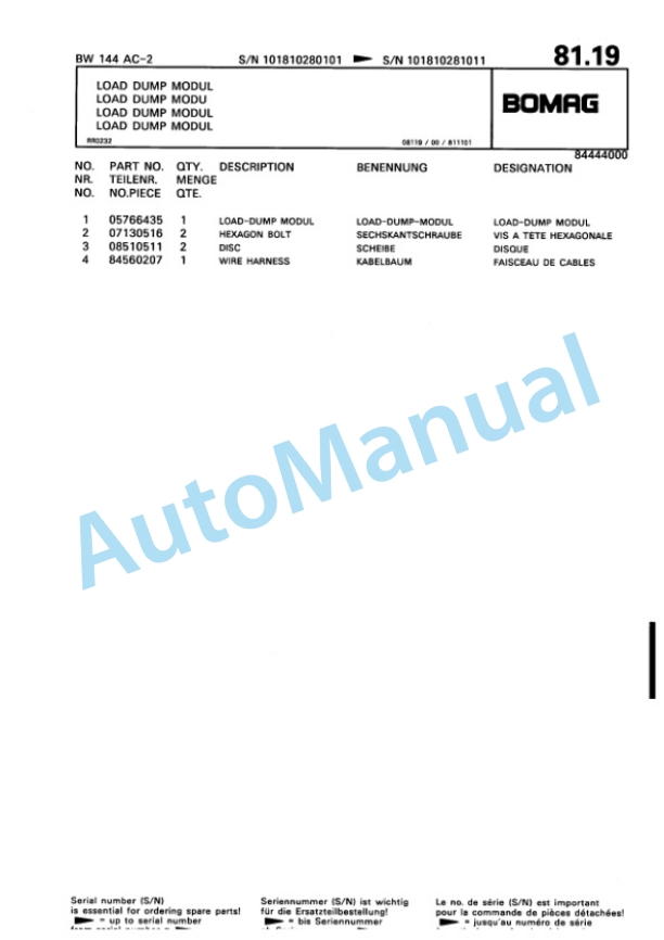 Bomag BW 144 AC-2 Combination Roller Spare Parts Catalogue 00810174 2 Bomag BW 144 AC-2 Combination Roller Spare Parts Catalogue 00810174-2