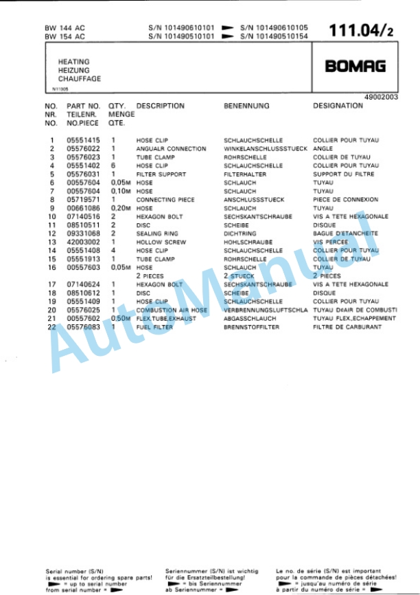 Bomag BW 144 AC, BW 154 AC Combination Roller Spare Parts Catalogue 00810024 4 Bomag BW 144 AC, BW 154 AC Combination Roller Spare Parts Catalogue 00810024-4