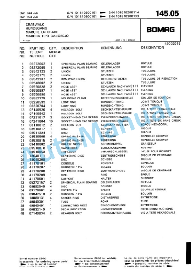 Bomag BW 144 AC, BW 154 AC Tandem Vibratory Roller Spare Parts Catalogue 00810067 4 Bomag BW 144 AC, BW 154 AC Tandem Vibratory Roller Spare Parts Catalogue 00810067-4
