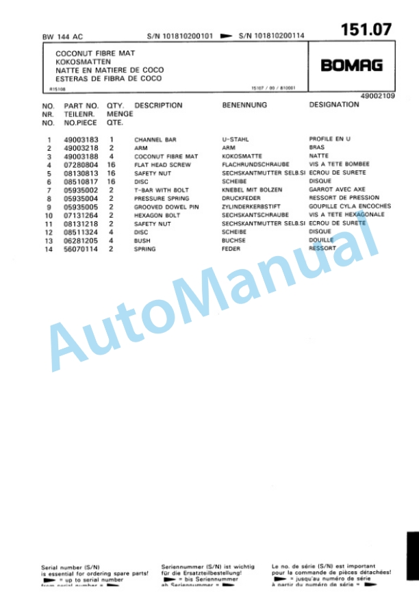Bomag BW 144 AC, BW 154 AC Tandem Vibratory Roller Spare Parts Catalogue 00810067 5 Bomag BW 144 AC, BW 154 AC Tandem Vibratory Roller Spare Parts Catalogue 00810067-5