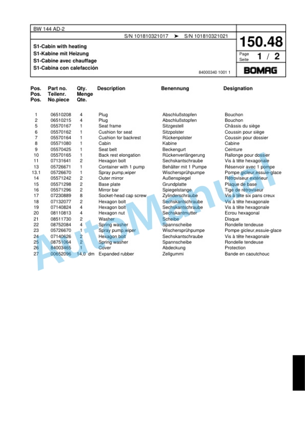 Bomag BW 144 AD-2 Combination Roller Spare Parts Catalogue 00817477 5 Bomag BW 144 AD-2 Combination Roller Spare Parts Catalogue 00817477-5