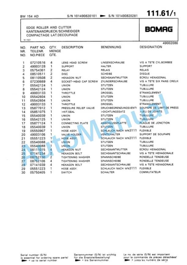 Bomag BW 144 AD, BW 154 AD Tandem Vibratory Roller Spare Parts Catalogue 00810023 5 Bomag BW 144 AD, BW 154 AD Tandem Vibratory Roller Spare Parts Catalogue 00810023-5