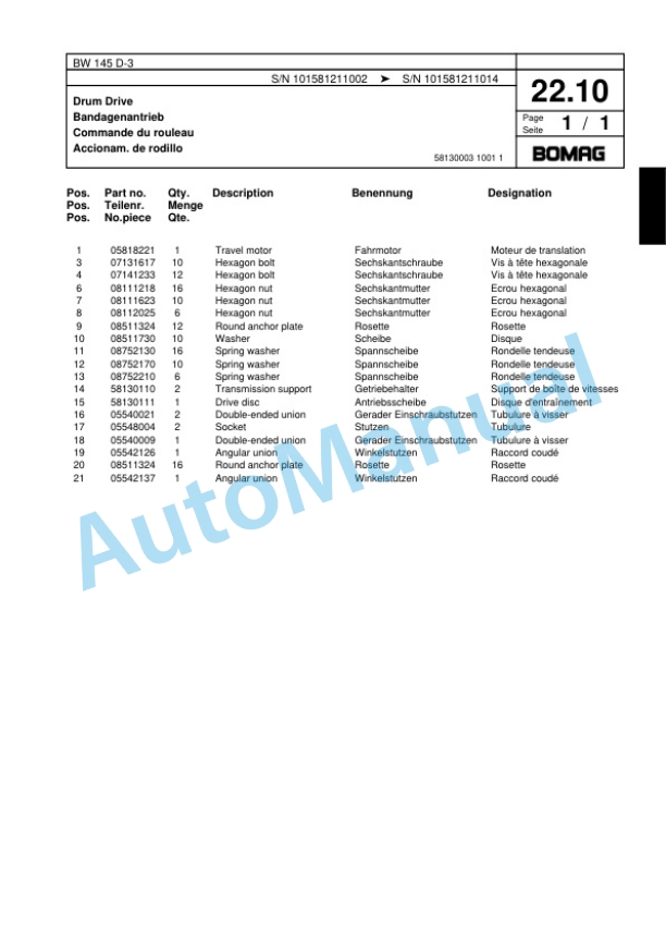 Bomag BW 145 D-3 Single Drum Wheel Drive Vibratory Roller Spare Parts Catalogue 00817479 2 Bomag BW 145 D-3 Single Drum Wheel Drive Vibratory Roller Spare Parts Catalogue 00817479-2