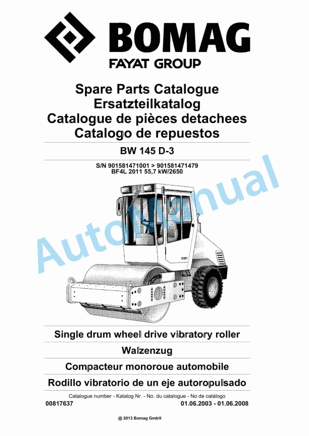 Bomag BW 145 D-3 Single Drum Wheel Drive Vibratory Roller Spare Parts Catalogue 00817637 1 Bomag BW 145 D-3 Single Drum Wheel Drive Vibratory Roller Spare Parts Catalogue 00817637