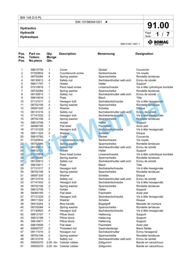 Bomag BW 145 D-5 PL Single Drum Wheel Drive Vibratory Roller Spare Parts Catalogue 00827061 2 Bomag BW 145 D-5 PL Single Drum Wheel Drive Vibratory Roller Spare Parts Catalogue 00827061-2