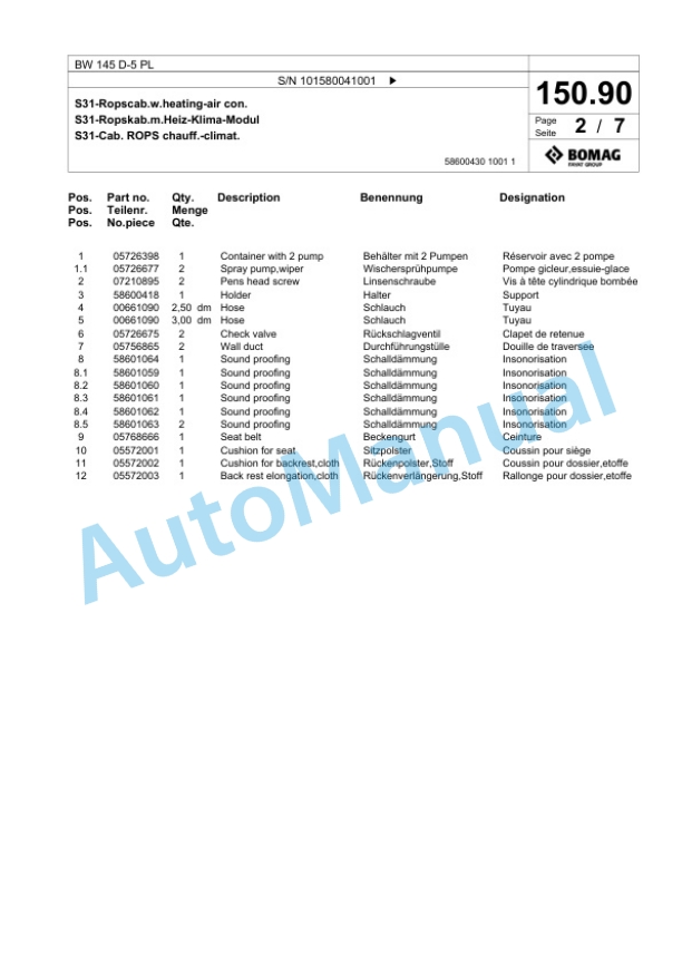 Bomag BW 145 D-5 PL Single Drum Wheel Drive Vibratory Roller Spare Parts Catalogue 00827061 3 Bomag BW 145 D-5 PL Single Drum Wheel Drive Vibratory Roller Spare Parts Catalogue 00827061-3