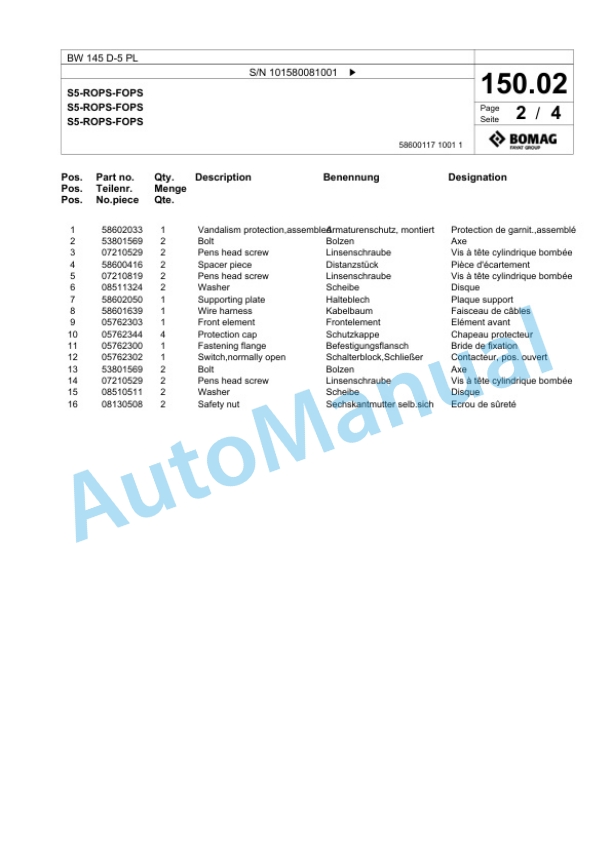 Bomag BW 145 D-5 PL Single Drum Wheel Drive Vibratory Roller Spare Parts Catalogue 00827069 3 Bomag BW 145 D-5 PL Single Drum Wheel Drive Vibratory Roller Spare Parts Catalogue 00827069-3