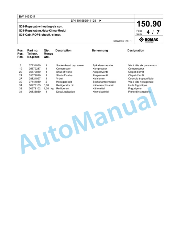 Bomag BW 145 D-5 Single Drum Wheel Drive Vibratory Roller Spare Parts Catalogue 00825003 3 Bomag BW 145 D-5 Single Drum Wheel Drive Vibratory Roller Spare Parts Catalogue 00825003-3