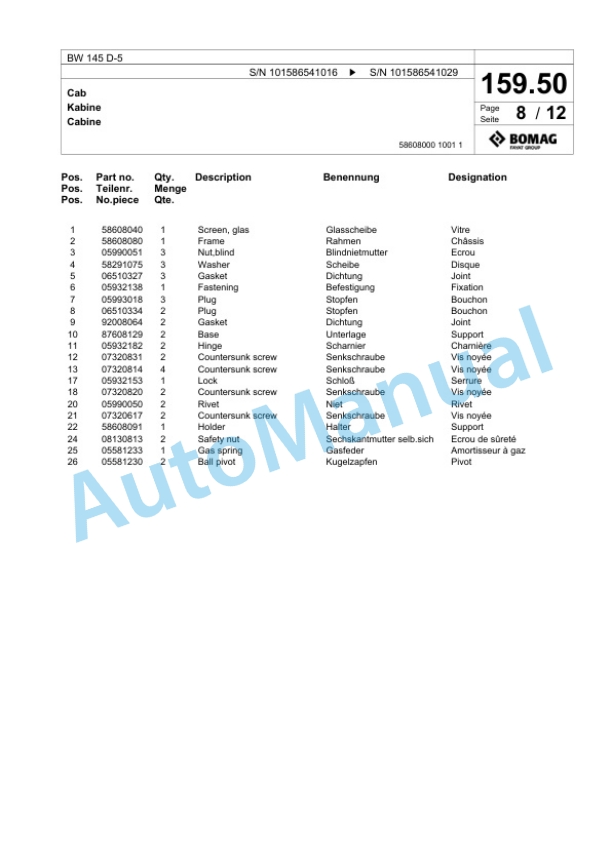 Bomag BW 145 D-5 Single Drum Wheel Drive Vibratory Roller Spare Parts Catalogue 00825003 4 Bomag BW 145 D-5 Single Drum Wheel Drive Vibratory Roller Spare Parts Catalogue 00825003-4