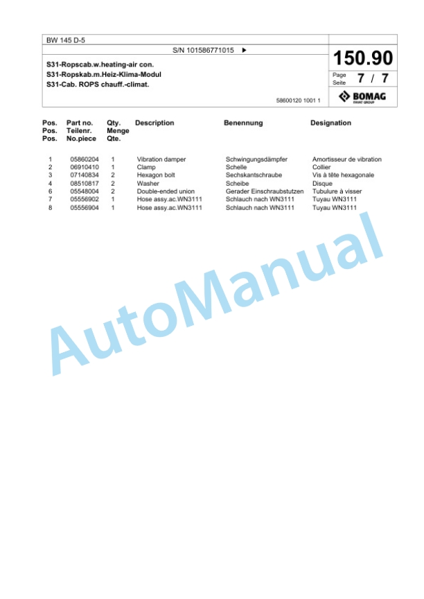Bomag BW 145 D-5 Single Drum Wheel Drive Vibratory Roller Spare Parts Catalogue 00825427 4 Bomag BW 145 D-5 Single Drum Wheel Drive Vibratory Roller Spare Parts Catalogue 00825427-4