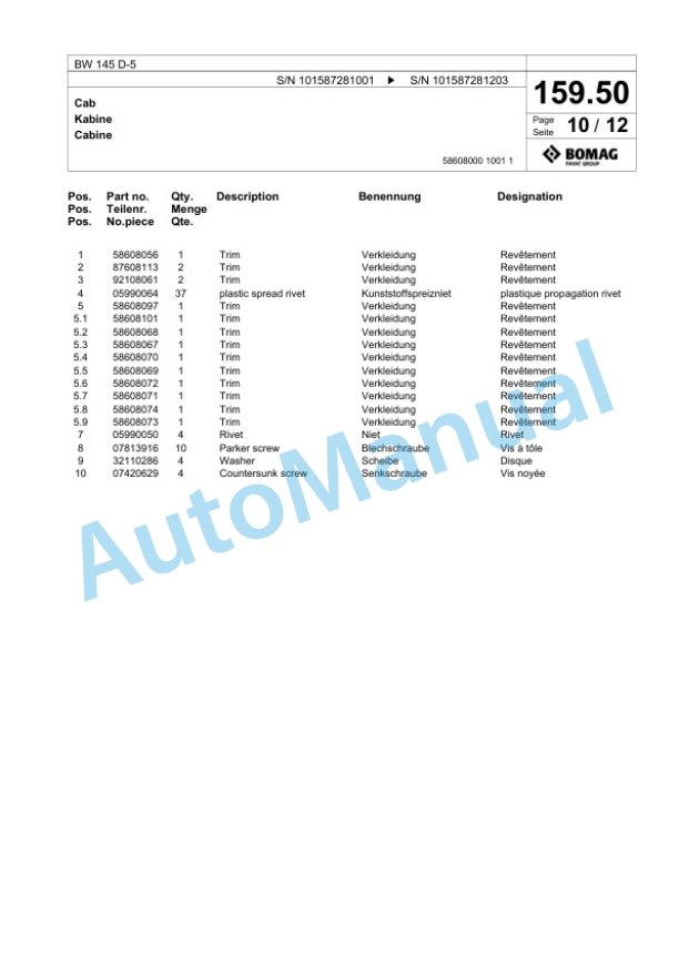 Bomag BW 145 D-5 Single Drum Wheel Drive Vibratory Roller Spare Parts Catalogue 00825837 5 Bomag BW 145 D-5 Single Drum Wheel Drive Vibratory Roller Spare Parts Catalogue 00825837-5
