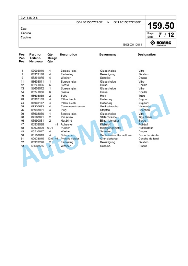 Bomag BW 145 D-5 Single Drum Wheel Drive Vibratory Roller Spare Parts Catalogue 00826771 5 Bomag BW 145 D-5 Single Drum Wheel Drive Vibratory Roller Spare Parts Catalogue 00826771-5